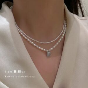 Square Diamond pearl necklace